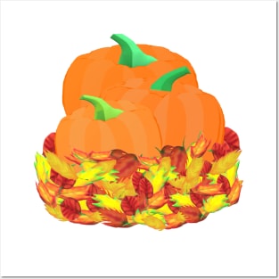 Autumn Pumpkins and Leaves (White Background) Posters and Art